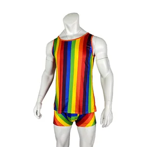 Close-up view of men's colorful rainbow striped tank top and shorts pajama set