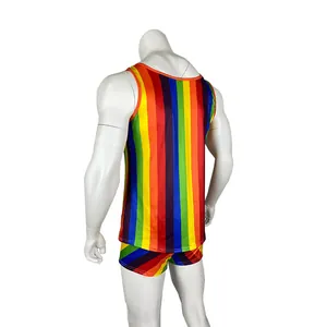 Back view of a rainbow striped slim fit men's tank top and shorts loungewear set