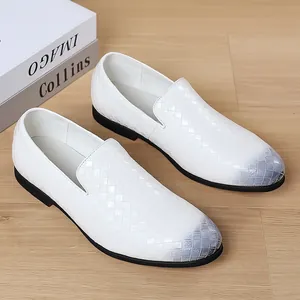 Men's white woven leather loafers with silver gradient toe and slip-on leisure design