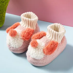 Warm plush baby slippers with cartoon bunny ears, cozy winter indoor shoes for kids