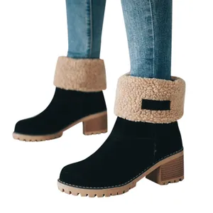 Close-up of black suede boots with chunky heels and beige faux fur collar details.