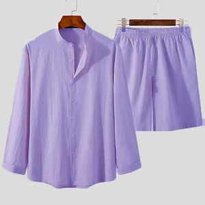 Detail view of a lavender cotton linen men's set with long-sleeved shirt and matching shorts