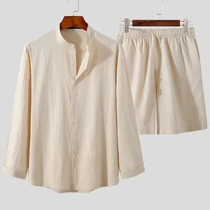 Close-up view of men's beige cotton linen two-piece set featuring shirt and shorts