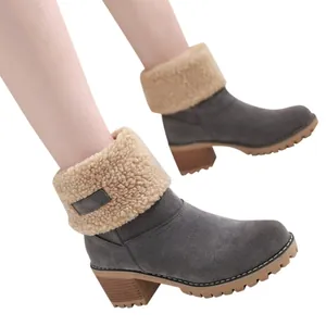 Side view of grey suede women's ankle boots with cozy faux fur trim and chunky heel