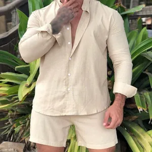 Men's Casual Solid Color Cotton Long Sleeve Shirt and Shorts Top And Bottom Set Relaxed Fit Summer Vacation Outfit