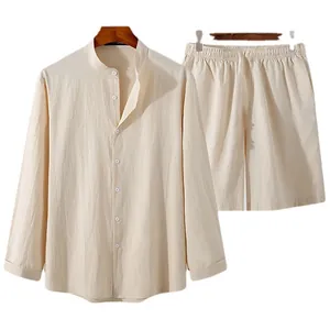Men's minimalist cotton linen two-piece set with long sleeve shirt and shorts