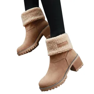 Detail of women's chunky heel ankle boots with faux fur lining and suede finish