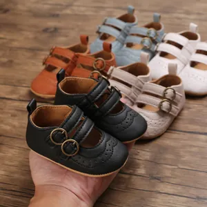 Detailed view of multi-color soft sole baby princess shoes with stylish double buckles