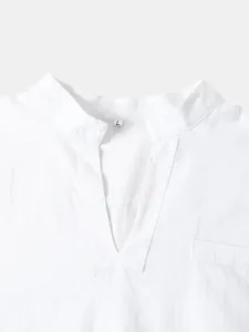 Close-up detail of a white casual V-neck shirt showing collar and fabric texture
