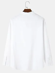 Detailed back view of a minimalist white men's casual long-sleeved cotton shirt