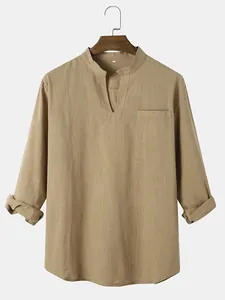 Detailed view of khaki men's casual cotton shirt featuring a V-neckline and front pocket
