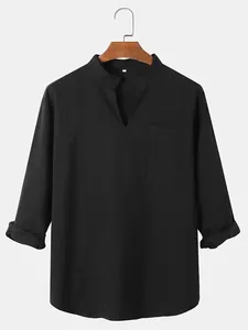 Front detail of men's casual black V-neck long-sleeve cotton shirt with chest pocket