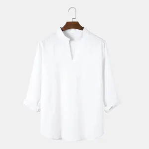 Men's Casual Cotton Shirt Long Sleeve V-Neck Loose Solid Color Vintage Workwear Shirt With Patch Pocket Non-Iron Top