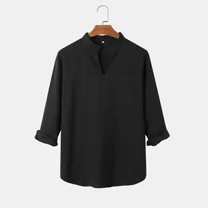 Classic black men's casual long-sleeve V-neck solid cotton shirt with single chest pocket