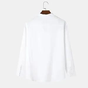 Back view of a minimalist white casual men's long sleeve cotton shirt with a band collar