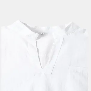 Detailed close-up of a white men's casual V-neck cotton shirt with a size L label tag.