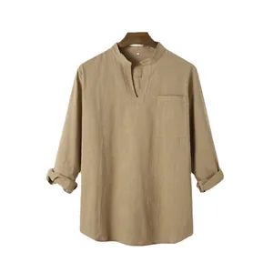Casual men's solid khaki long-sleeve shirt with a small V-neck and chest pocket