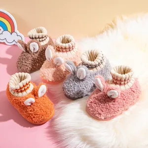 Kinder Winter Plüsch Baumwolle Hausschuhe Warm Innen Antirutsch Schuhe Für Jungen Mädchen Mit Süßen Hasenohren Gestreiften Strickbündchen