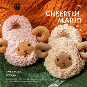 Toddler Kids Cute Cartoon Sheep Plush Slippers Winter Warm Faux Lambswool House Shoes Indoor Full Cover Heel Slippers
