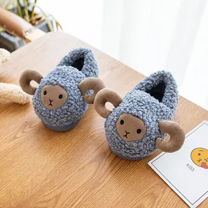 Adorable blue cartoon sheep baby slippers, warm plush indoor winter shoes for toddlers