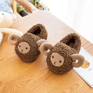 Adorable plush sheep-shaped baby winter slippers in warm brown color for toddlers