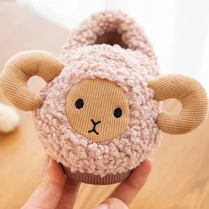 Adorable cartoon sheep-shaped plush baby slippers for indoor autumn and winter warmth
