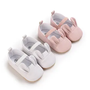 Detailed view of baby girl soft-sole walker shoes featuring cute 3D rabbit ears design