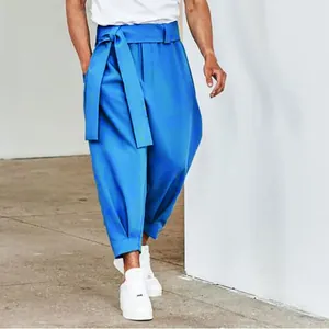 Men's Solid Color Ankle Length Tapered Casual Pants With Drawstring Waistband Cuffed Jogger Bottoms For Autumn Winter