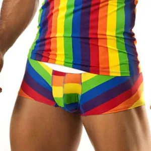 Close-up view of the vibrant rainbow striped pattern on a men's tank top and shorts set.
