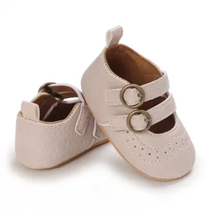 Vintage beige soft sole baby princess shoes with double buckle straps and brogue detail