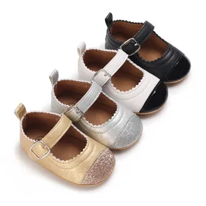 Detailed view of non-slip baby Mary Jane shoes in four glittery and classic colors
