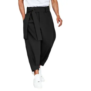 Men's stylish black cropped harem pants with waist tie for casual autumn and winter wear