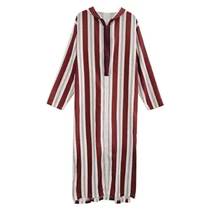 Vertical burgundy and white striped men's hooded long robe with a front half-zip closure.