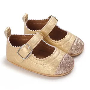 Elegant golden glitter toe baby Mary Jane shoes with soft non-slip rubber soles for toddlers