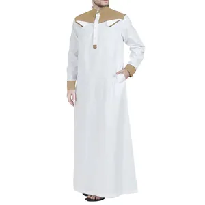 Túnica tradicional blanca para hombre con canesú y puños en contraste color camello.