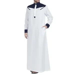 Túnica larga blanca para hombre con paneles de contraste azul marino y cuello mandarín