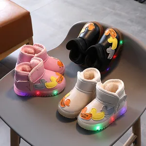 Botas de Nieve con Luces LED para Niños Pequeños Invierno Cálido Forrado de Felpa Pato de Dibujos Animados Botas de Cuero PU Zapatos Casuales