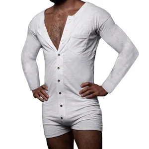 Mameluco Ajustado Sexy para Hombre Manga Larga Color Sólido Cuello Henley con Botones y Bolsillo de Poliéster para Hogar