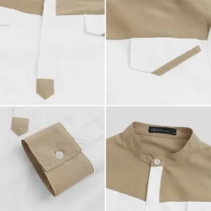Vistas detalladas del cuello mao, puños y bolsillo de la túnica para hombre.