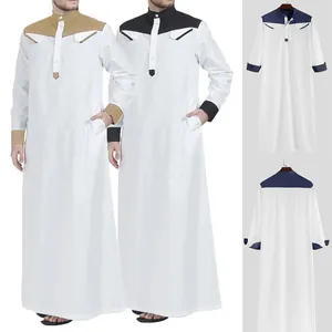Túnica Tradicional para Hombre Cuello Alto Manga Larga Patchwork Thobe Casual Holgado Musulmán Jubba Poliéster Étnico Caftán