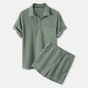 Conjunto de 2 Piezas de Punto de Gofre para Hombre Casual a Cuadros Camisa de Manga Corta y Pantalones Cortos Ropa de Verano