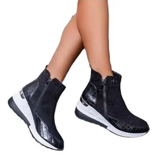 Black women's high-top wedge ankle boots with side zipper and crocodile pattern detail