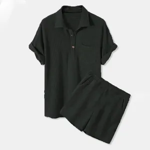 Conjunto de verano para hombre: polo de manga corta de punto de gofre negro y short