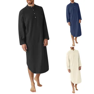 Men's casual long sleeve nightgown robe with buttons in black, blue and cream colors.