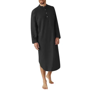 Classic men's solid black long sleeve nightgown featuring buttons and chest pocket