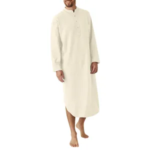 Full body view of a men's long-sleeved cream kaftan robe with buttoned placket and pocket