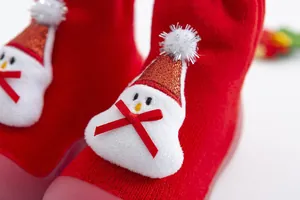 Gros plan sur le bonhomme de neige en peluche des chaussons de Noël pour bébés.