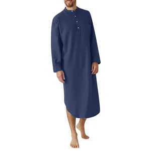 Detailed view of a navy blue long sleeve men's nightgown featuring a buttoned collar.