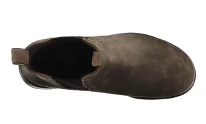 Vista superior de botines Chelsea de cuero marrón oscuro para mujer, acabado mate.