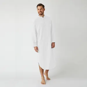 Professional men's white long sleeve button-up nightrobe featuring a stand collar and chest pocket